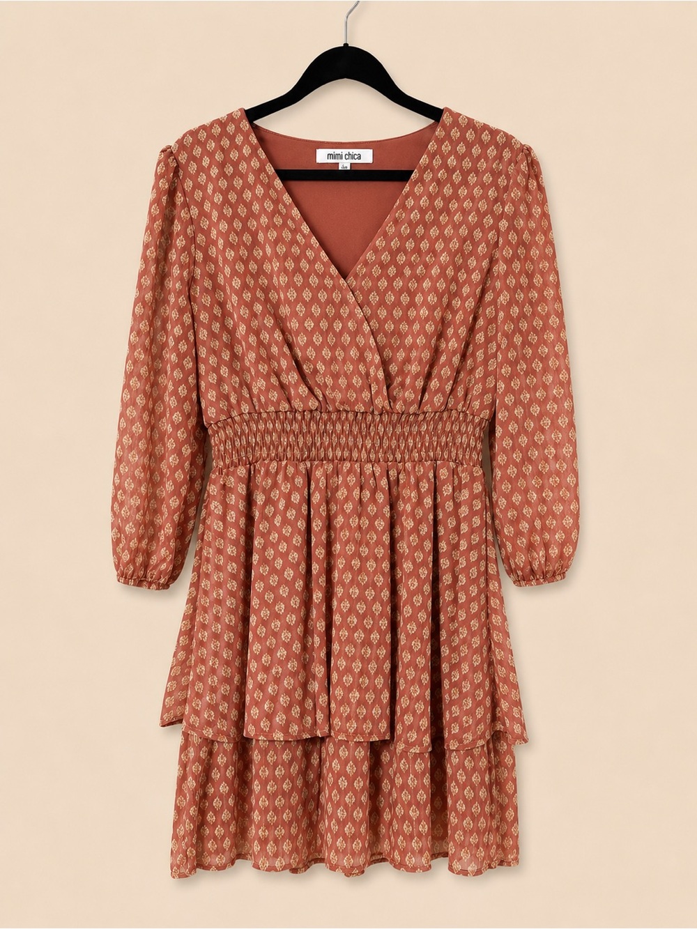 Mimi Chica Rust Printed Long-Sleeve Tiered Wrap Dress